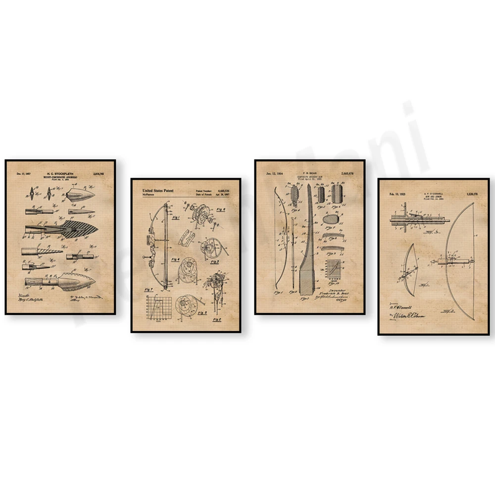 Outdoor Hunting Paintings - Vintage bow และ arrow พิมพ์สิทธิบัตร, สิทธิบัตรโบว์,
