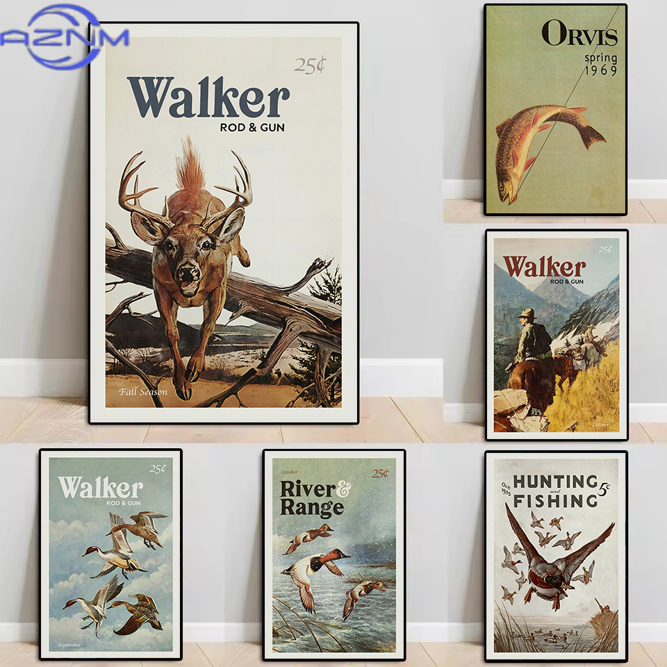 Outdoor Hunting Paintings - AZNM ย้อนยุคสัตว์ป่ากลางแจ้งการล่าสัตว์ตกปลาสัตว์ป่าโปสเตอร์วินเทจภาพวาดศิลปะบนผืนผ้าใบภาพตกแต่งภายในบ้าน Gi