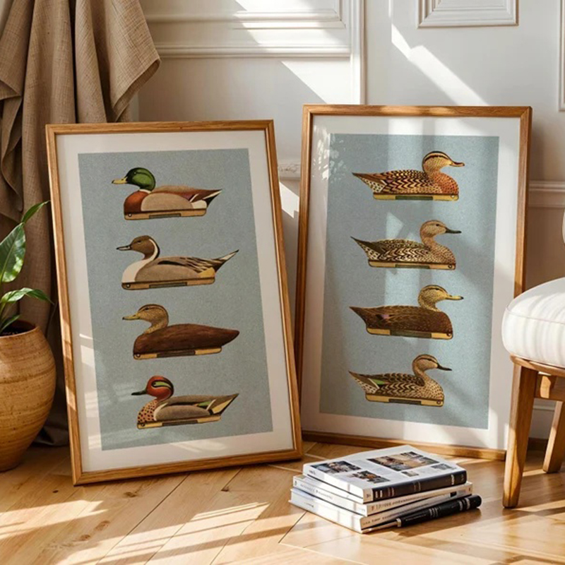 Outdoor Hunting Paintings - โปสเตอร์ตกแต่งผนังสำหรับบ้านและสำนักงาน ภาพพิมพ์ธรรมชาติ ของขวัญสำหรับคุณพ่อ ภาพพิมพ์เป็ดสไตล์เรโทร งานศิลปะกลางแจ้ง รูปปั้นล่อเป็ด