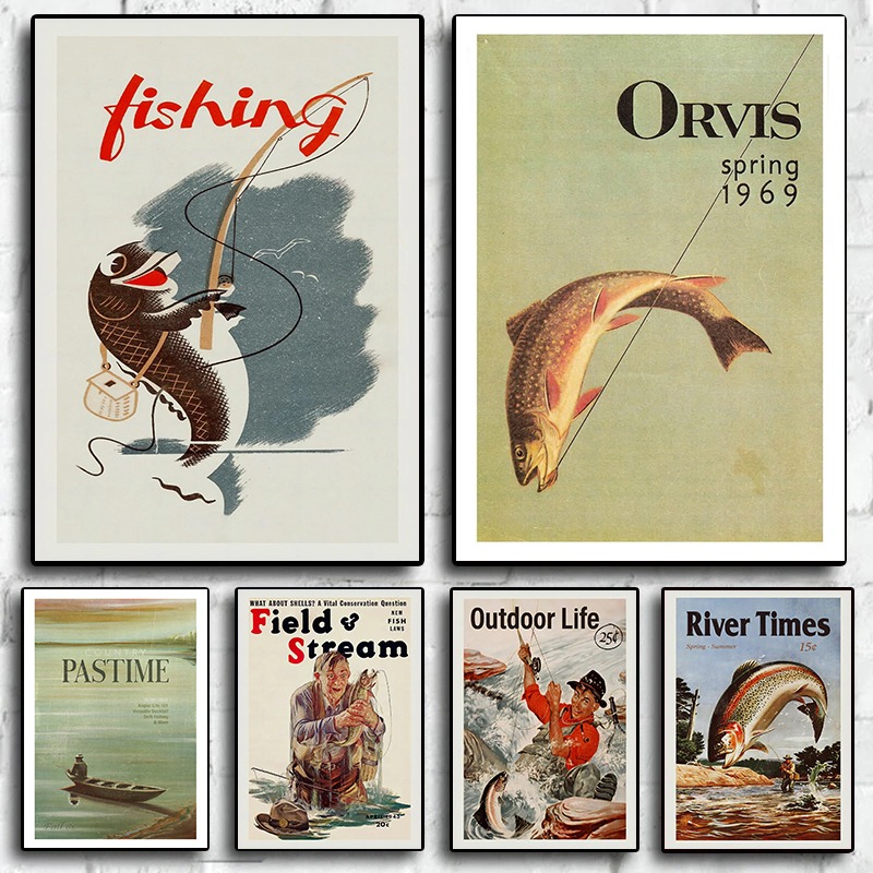 Vintage Fly Fishing ผ้าใบพิมพ์ - Outdoor Hunting Paintings บทวิจารณ์และราคา